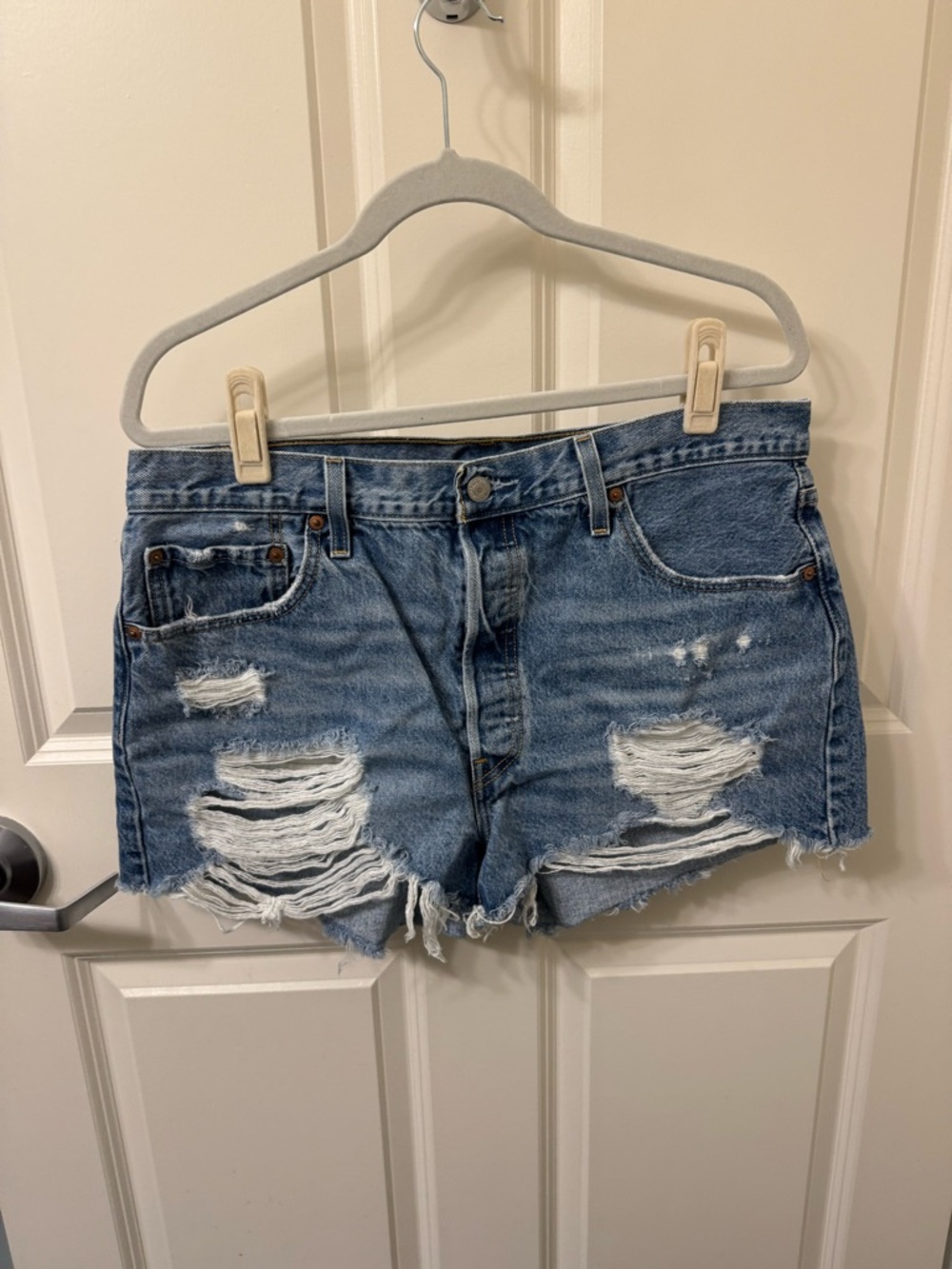 Levi's 501 Medium Blue Distressed Denim Shorts